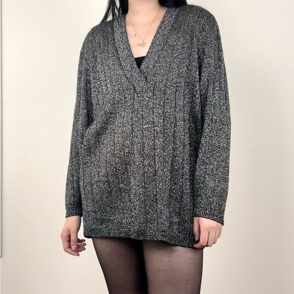 Vintage Grey Sparkly Wool Blend V Neck Long Sweater - Picture 2 of 8
